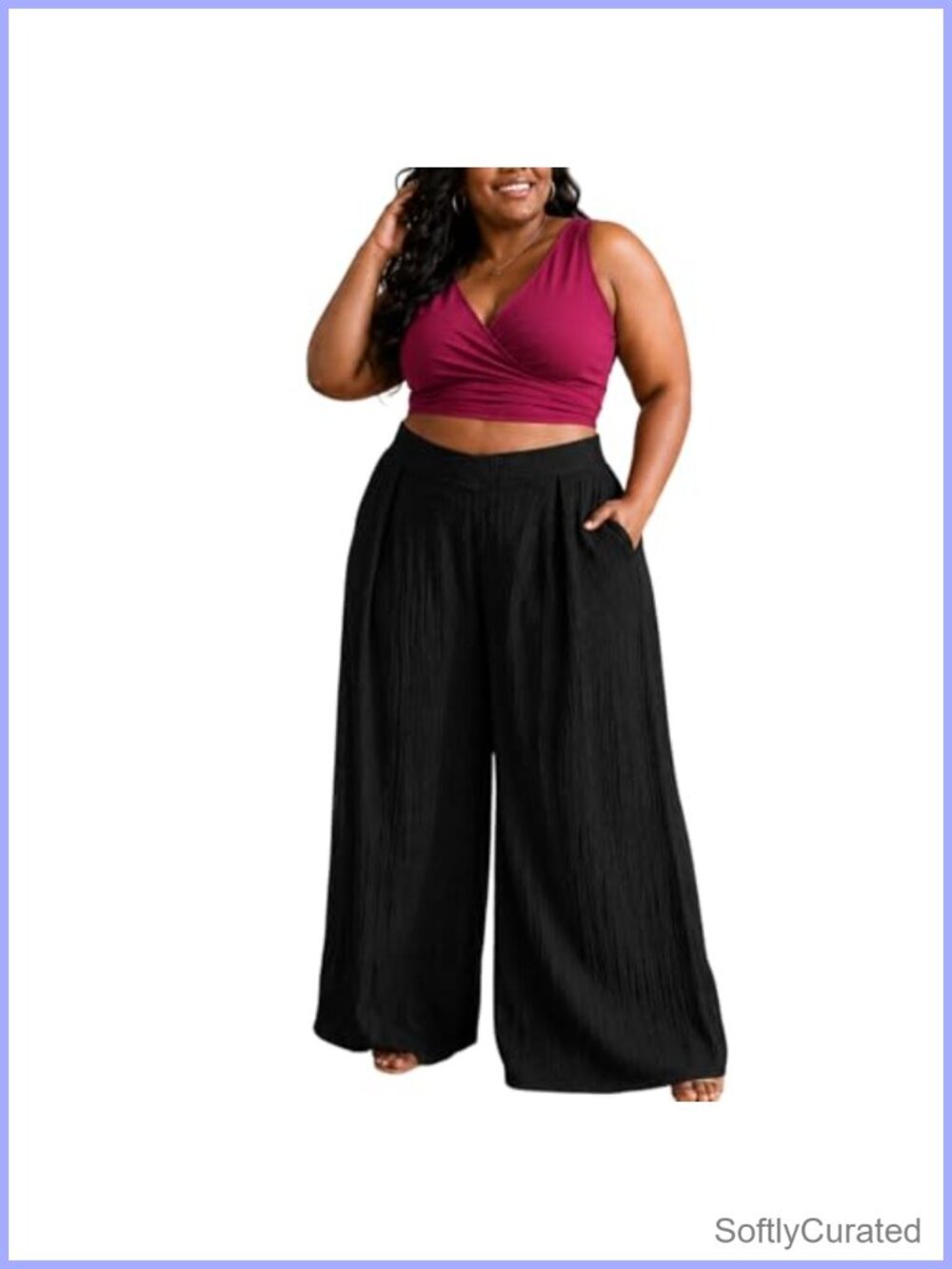 Plus Size Wide Leg Palazzo Pants High Waist V Front Pull On Pockets